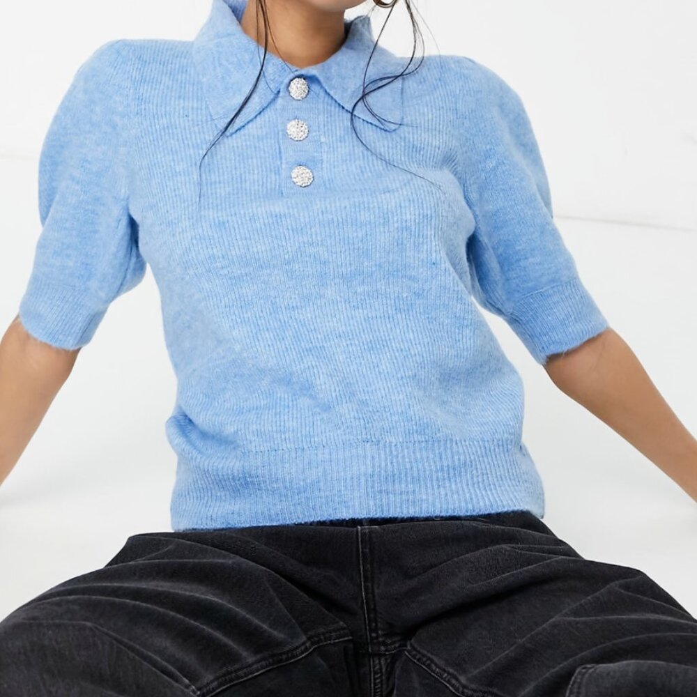 Knitted Polo Top with Puff Sleeve and Dec Buttons in Blue Size SMALL